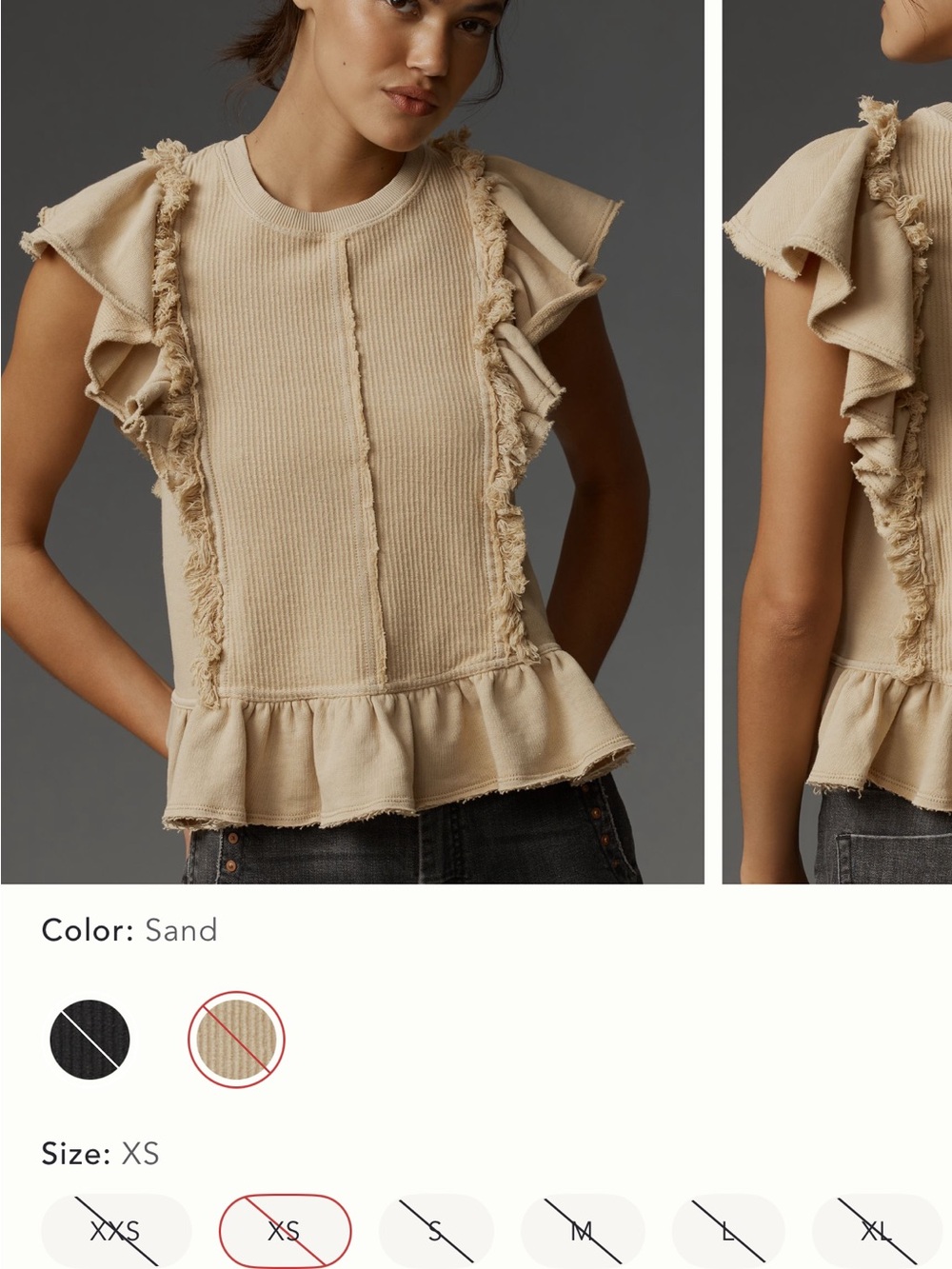 Anthropologie Sand Ruffle-Trim Ribbed Peplum top
